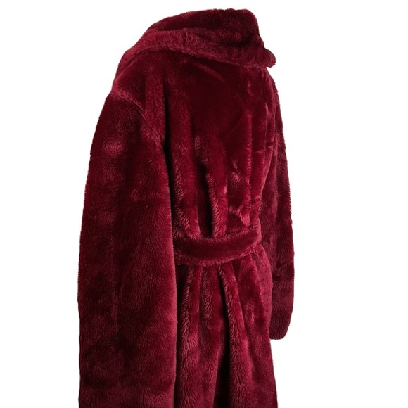 VTG Borg Fabric M Burgundy Faux Fur Robe Made in USA Plush Belted Long Lounge - Picture 9 of 14